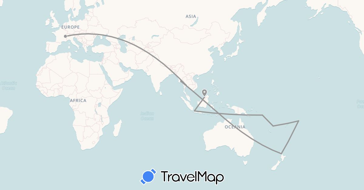 TravelMap itinerary: plane in Switzerland, Indonesia, Myanmar (Burma), Malaysia, New Zealand, Solomon Islands, Thailand, Vanuatu, Samoa (Asia, Europe, Oceania)